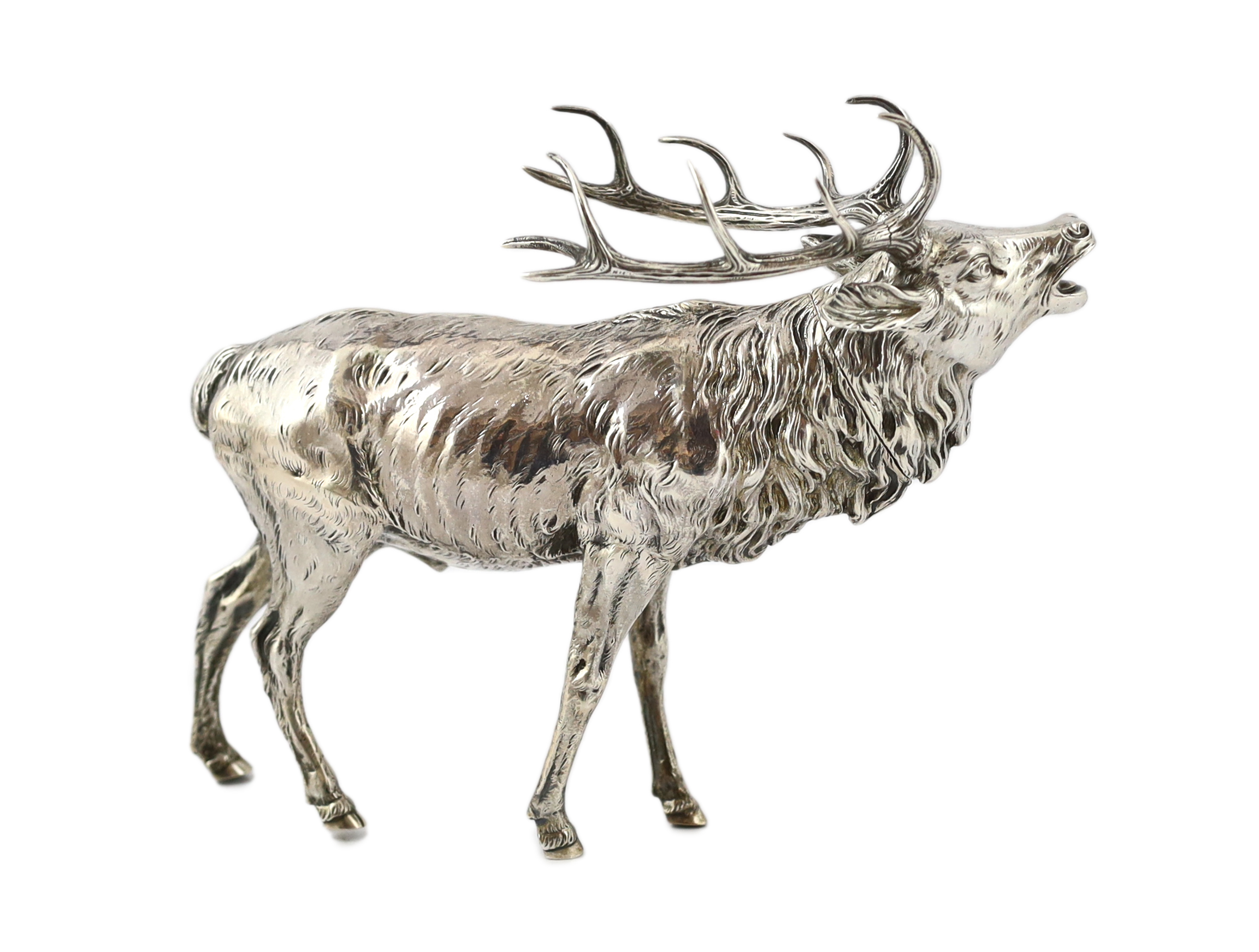 An Edwardian Hanau silver free-standing model of a baying stag